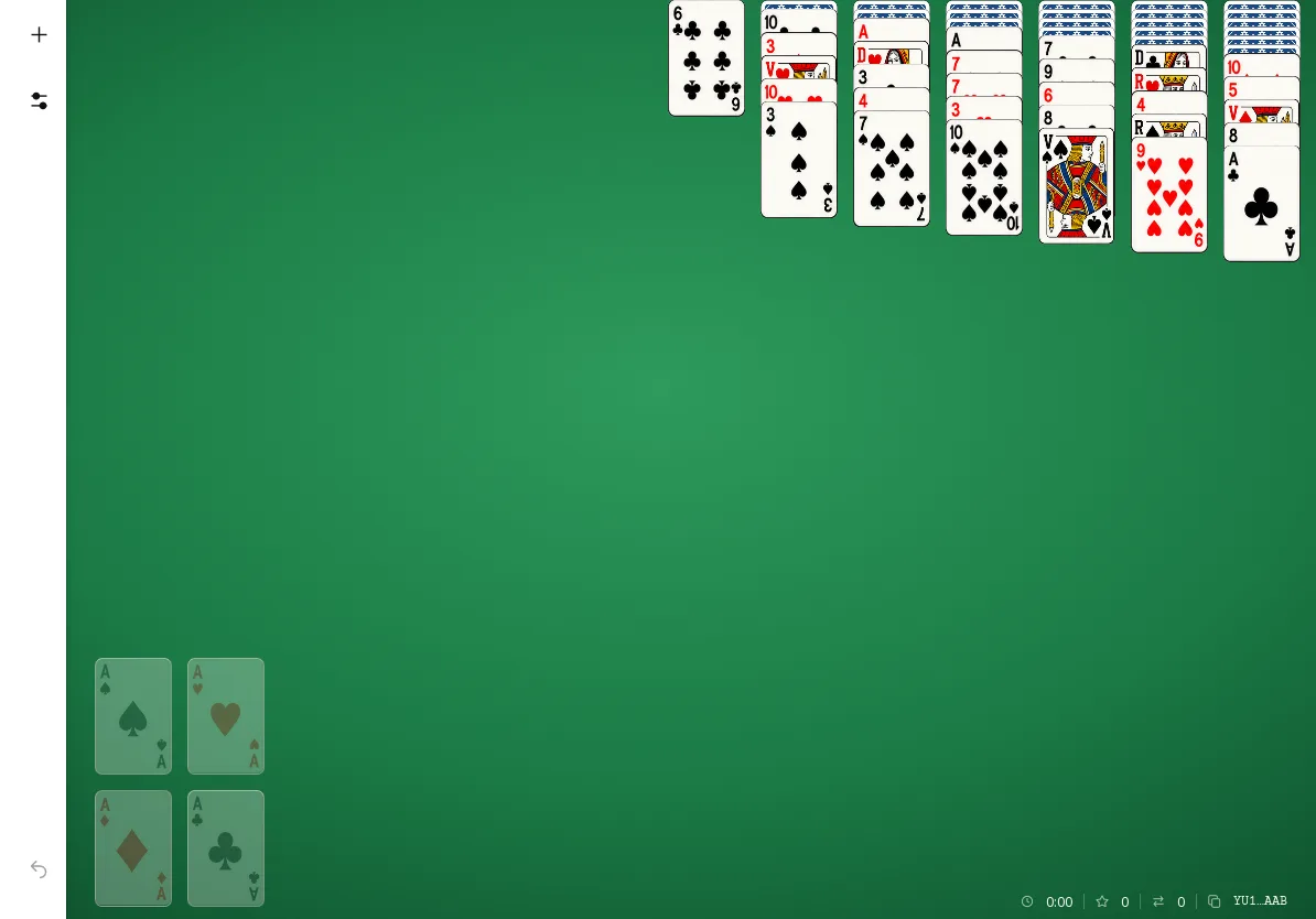 Yukon Solitaire sur tablette à l’horizontale : la donne YU1-C-AAAAAAB au départ, sept colonnes et quatre fondations vides sur le tapis vert.